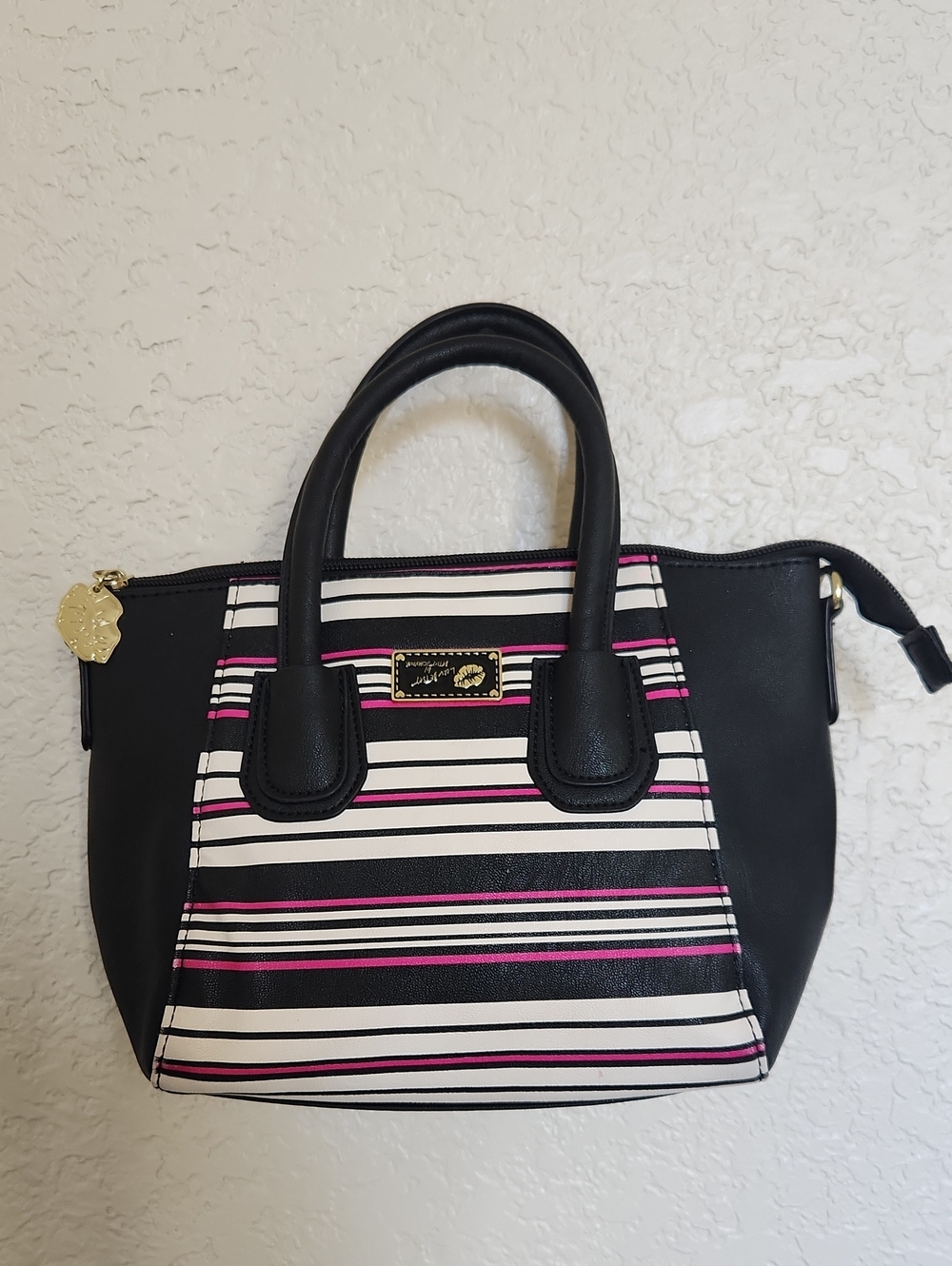 Rare striped Luv Betsey by Betsey Johnson mini satchel Logo Upside Down